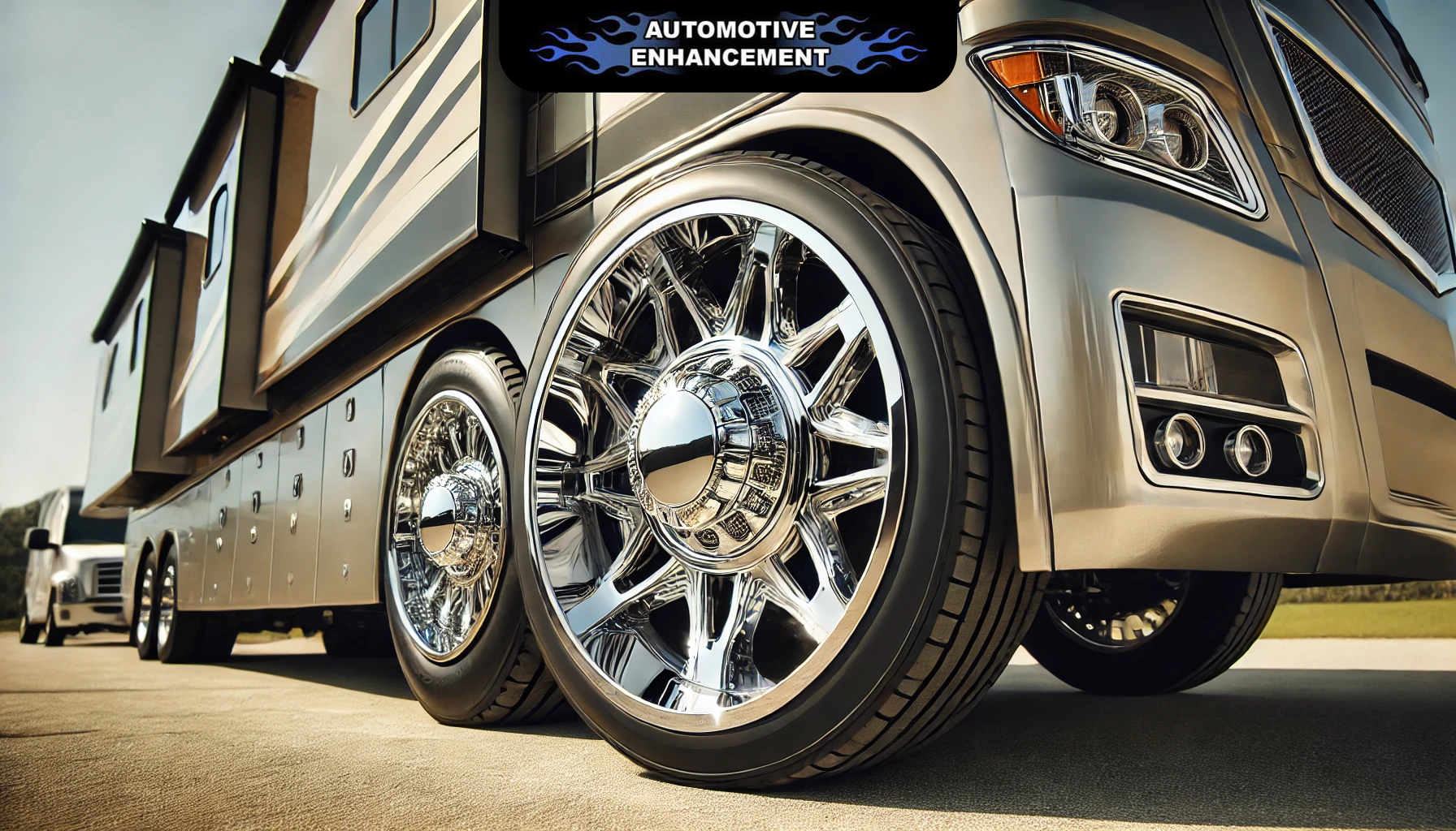 Close-up view of a shiny stainless steel wheel simulator installed on a truck or RV tire, reflecting light and showcasing enhanced style.