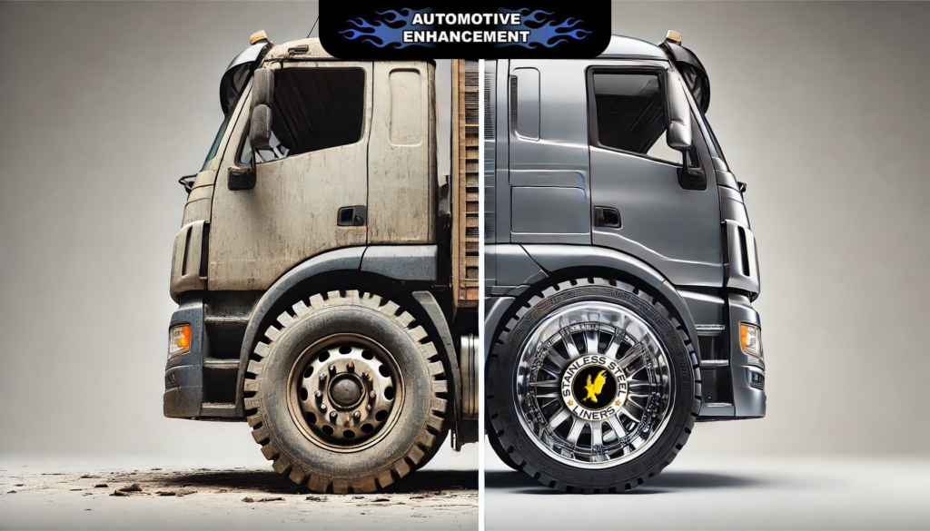 A side-by-side comparison showcasing a standard truck wheel next to a transformed wheel equipped with premium rim liners and wheel simulators from Auto Enhance.