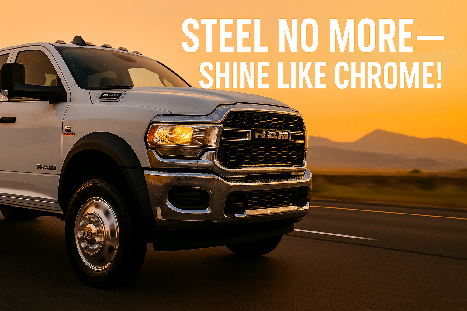 Low-angle sunrise shot of a Dodge Ram 5500 showing mirror-polished 19.5-inch stainless wheel simulators